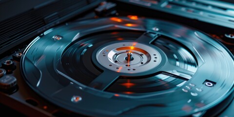 Aufkleber - A detailed close-up of a record playing on a turntable. Perfect for music lovers and vinyl enthusiasts.