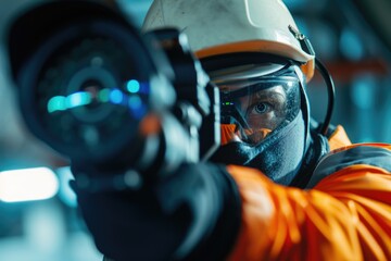 Poster - A man in an orange jacket holding a camera. Perfect for capturing moments and photography enthusiasts
