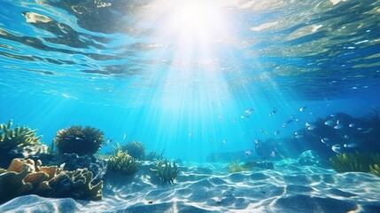 Wall Mural - Beautiful tropical seabed with reef and sunshine. Blue underwater sea life concept background. Generative AI