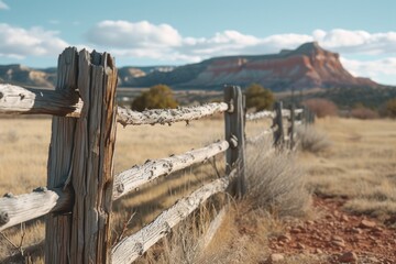 Poster - A picturesque wooden fence stands in a lush field, with majestic mountains as the backdrop. Ideal for nature and outdoor-themed projects