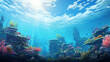 Sunlight illuminating exotic underwater landscape with colorful coral riffs. Tropical marine nature. Beautiful seafloor rich with living organisms. Clean ocean with healthy ecosystem.