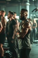 Poster - A group of people standing together in a gym. This image can be used to depict fitness, teamwork, or exercise concepts