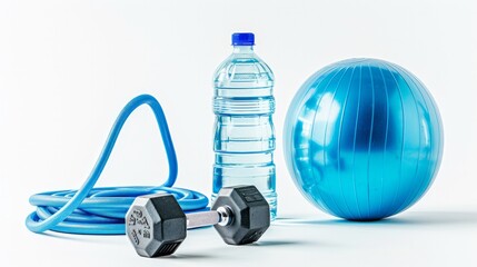 Wall Mural - Set of fitness equipment. Dumbbells, sport bottle of water, jump rope, gymnastic ball on a white background isolated, front view, close-up. Home workout. Fitness and activity