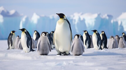 Aufkleber - The Emperor Penguins family with their babies walk on snow, ice against the background of icebergs and blue sky in Antarctica. Wild Arctic nature, Birds, Winter and cold concepts.