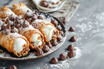 Wall Mural - Italian cannoli dessert served on a plate with focus and empty space