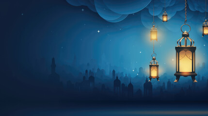 Wall Mural - Ramadan Kareem celebration background illustration with arabic lanterns and moon
