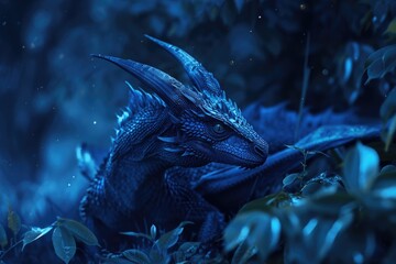 Poster - A close-up view of a dragon in a forest. This image can be used to add a touch of fantasy and mystery to various creative projects