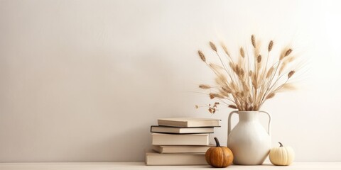 Poster - Minimalist Scandinavian home with an elegant boho living area featuring an organic vase, dry grass bouquet, old books, white pumpkins, and a wooden table against a beige wall.