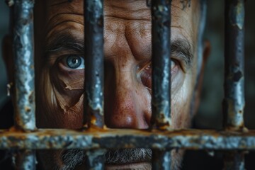 Poster - A close-up view of a man's face seen through prison bars. This image can be used to depict themes of incarceration, criminal justice, or confinement