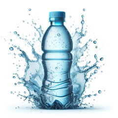 Wall Mural - Small plastic water bottle with blue water splash isolated on white background