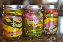 Summer Pickles Made From Cucumbers Red Onions And Mango Curry Are Traditionally Preserved Using Herbs Spices And A Brine Mixture Made From Dill Garlic And Hot