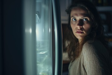 Poster - A woman looking directly at the camera while searching inside a refrigerator. Suitable for food and kitchen-related concepts