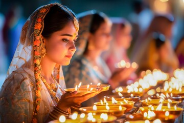 A serene Indian woman in traditional attire with a calm expression, holding a glowing candle during a festive ceremony.