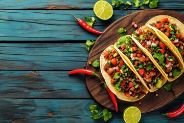 Wall Mural - Three Mexican beef and vegetable tacos on a dark wooden background accompanied by guacamole and salsa