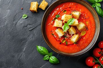 Sticker - Top view of cold summer gazpacho soup with croutons served in a bowl on a dark stone background