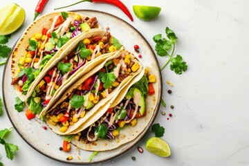 Poster - Top view of healthy shrimp and avocado tacos on a stone background