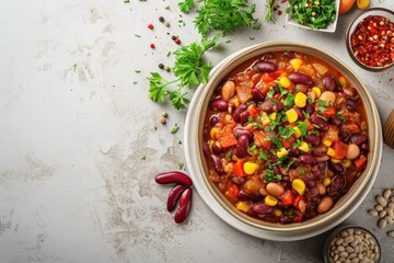 Wall Mural - Top view of homemade stewed vegan vegetarian recipe with kidney beans and vegetables on white table copy space