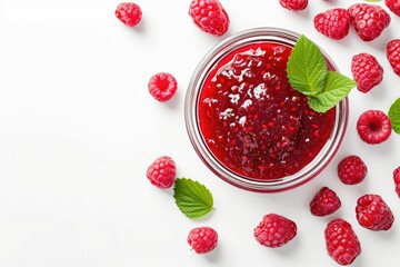 Poster - Top view of liquid raspberry jam in a glass bowl isolated on white with space for text