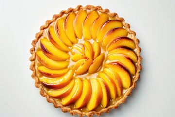 Sticker - Top view of peach pie filling in glass bowl on peach filled tray Horizontal image with text space