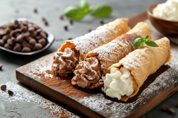 Wall Mural - Traditional Italian sweet filled with ricotta and various fillings served on a wooden cutting board in Sicily