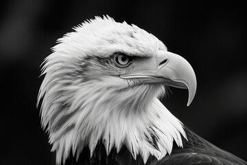 Poster - A captivating black and white photo of a majestic bald eagle. Perfect for wildlife enthusiasts and nature-themed projects