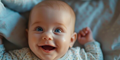Aufkleber - A baby is peacefully laying on top of a bed next to a soft pillow. This image can be used to depict the innocence and tranquility of a sleeping baby