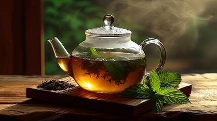 Glass teapot with freshly brewed mint or green tea. The concept of traditional medicine. Warm aromatic drink for a cozy atmosphere. Illustration for flyer, poster, cover or brochure.