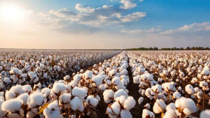 Cotton farm during harvest season. Field of cotton plants with white bolls. Sustainable and eco-friendly practice on a cotton farm. Organic farming. Raw material for textile industry.  generative, ai.