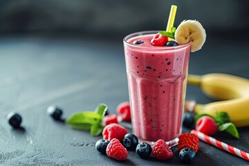 Poster - Healthy eating concept with fresh strawberry smoothie and berries on vintage background