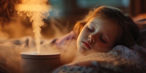 Poster - A peaceful image of a little girl peacefully sleeping next to a humid box. This picture can be used to convey concepts of rest, relaxation, and tranquility.