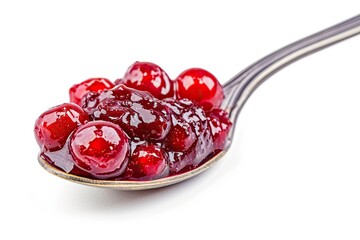 Poster - Isolated red berry jam spoon on white background cherry jam