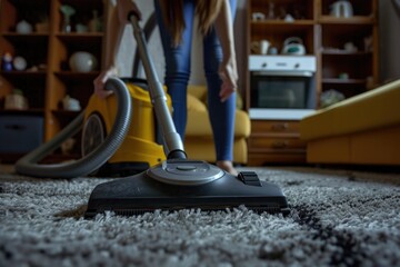 Wall Mural - Woman using a vacuum cleaner to clean a carpet. Suitable for household cleaning and maintenance projects