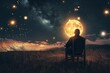 A man sitting on a chair looking at a moon against a starry sky