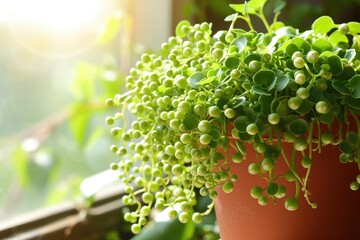 Sticker - Senecio rowleyanus houseplant in terracotta pot at home sunlight String of pearls Succulents in Africa Love plants