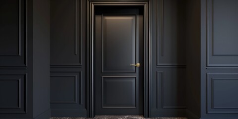 Poster - A door in a dark room with black walls. Can be used to depict mystery or suspense