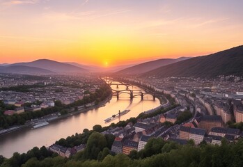 Heidelberg, Germany, dreamy sunset colors over the Neckar river with the Old Town and Bridge, framed by silhouettes of trees
