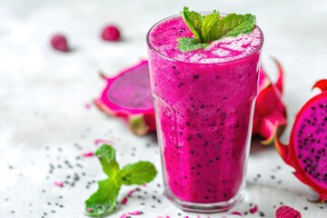 Poster - Vertical image of red dragon fruit smoothie with coconut milk isolated on white background representing a vegan lifestyle