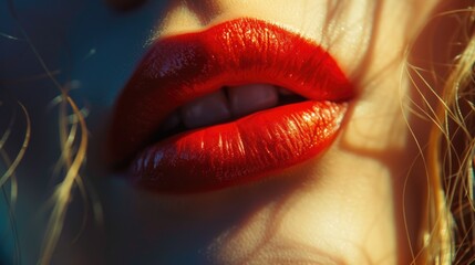 Poster - A close up of a woman's lips with vibrant red lipstick. Perfect for beauty, makeup, and fashion-related projects