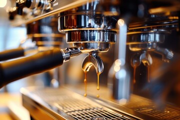 Poster - A detailed view of a coffee machine with liquid pouring out. Ideal for illustrating coffee brewing or the enjoyment of a fresh cup of coffee.