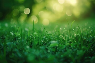 Poster - A detailed view of grass blades covered in sparkling water droplets. Perfect for nature-themed designs and refreshing concepts