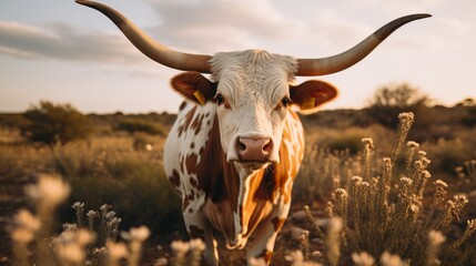 Poster - Portrait of a Texas Longhorn cow with long legs lying on the grass and looking at the camera in a beautiful pasture against a blue sky with clouds on a cloudy summer day. Nature, Pets concepts.