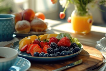 Poster - A plate of assorted fresh fruits placed on a table next to a cup of steaming coffee. Suitable for food and beverage themes, breakfast scenes, healthy lifestyle concepts