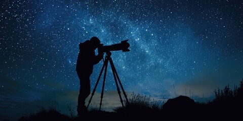 Poster - A person standing in front of a camera on a tripod. Suitable for various photography and videography concepts