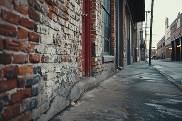 Poster - A red fire hydrant positioned on the side of a brick building. This image can be used to depict urban infrastructure and safety measures