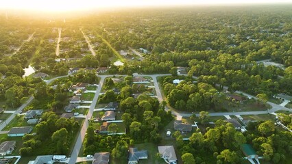 Wall Mural - Aerial view of suburban landscape with private homes between green palm trees in Florida quiet residential area in evening