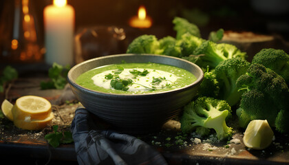 Wall Mural - Recreation of broccoli in a green soup in a bowl	