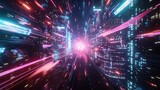 Fototapeta Perspektywa 3d - countless energy-filled rays of light converge towards the center with rapid speed and immense impact against a futuristic cyberpunk-style cityscape