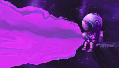 Wall Mural - fantasy night landscape, an astronaut with a ball in his hands sits on a cliff in space against the 