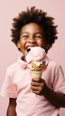 Wall Mural - A young boy is holding an ice cream cone. Generative AI.