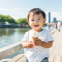 Poster - A baby holding an ice cream cone on a dock. Generative AI.